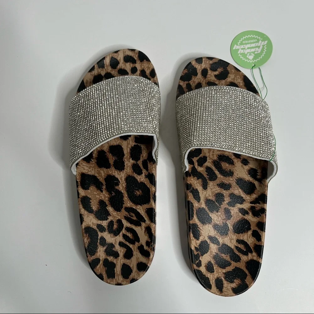 NWT Women's Slides Leopard Rhinestone Glitter Slip On Footbed Platform Sandals - Picture 6 of 10